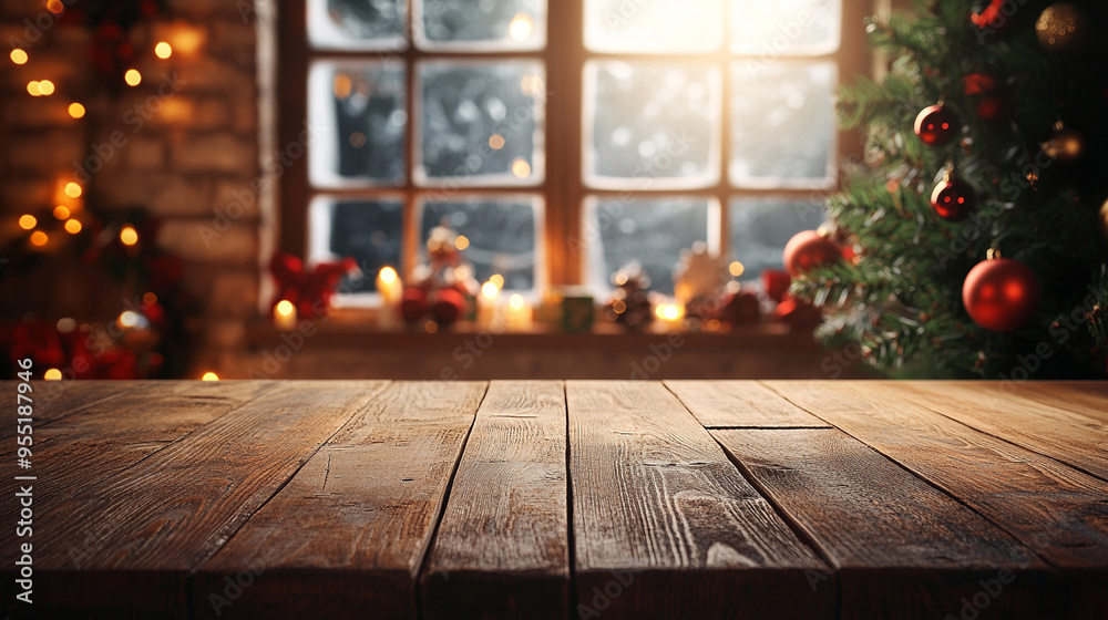 empty in focus wooden table top with out of focus christmas background with window and decorations empty in focus wooden table top with out of focus christmas background with window and decorations