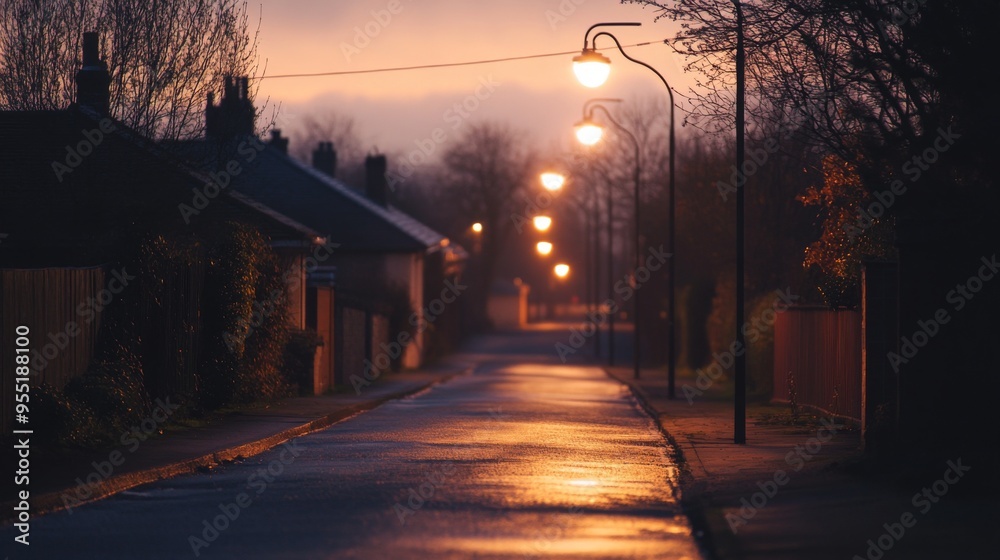 A series of streetlights lining a quiet suburban road, with the warm light creating a peaceful and inviting atmosphere in the evening.