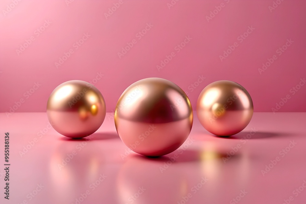 Pink surface featuring three golden spheres against a pink backdrop minimalist design 3D rendering Pink surface featuring three golden spheres against a pink backdrop minimalist design 3D rendering