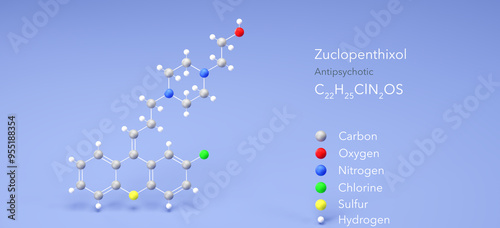zuclopenthixol molecule, molecular structure, antipsychotic, 3d model, Structural Chemical Formula and Atoms with Color Coding photo