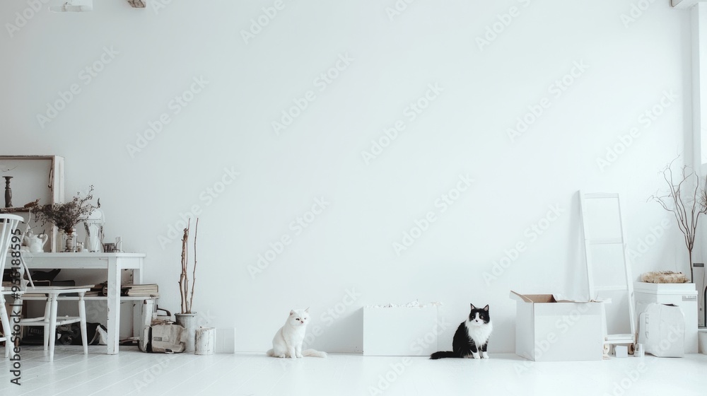 Fototapeta premium Two Cats in a Minimalist White Room.