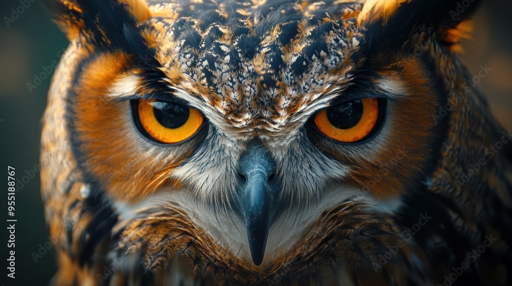 Dramatic close-up of a majestic eagle owl, its piercing gaze and distinctive features embodying the enigmatic power of the nocturnal predator Dramatic close-up of a majestic eagle owl, its piercing gaze and distinctive features embodying the enigmatic power of the nocturnal predator