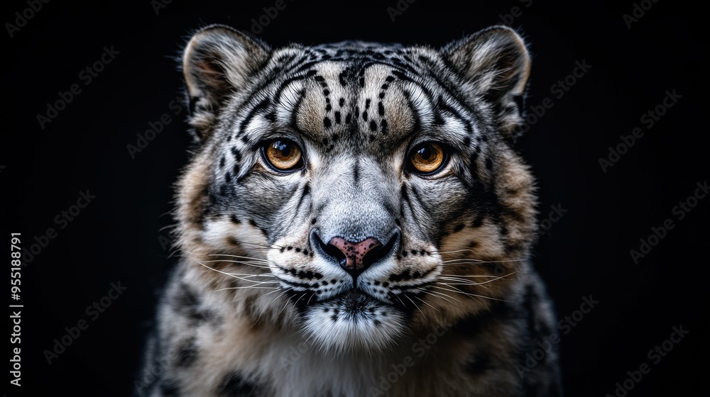 Obraz premium Breathtaking portrait of a regal snow leopard, its spotted coat and intense eyes radiating an aura of elusive, untamed grace