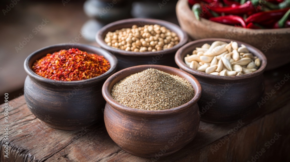 A set of ceramic containers filled with Thai spices and seasonings, including chili powder, garlic powder, and ground coriander, ready for cooking. A set of ceramic containers filled with Thai spices and seasonings, including chili powder, garlic powder, and ground coriander, ready for cooking.