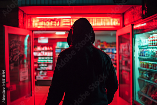 hooded silhouette of criminal with hood up entering store ready to commit crime 