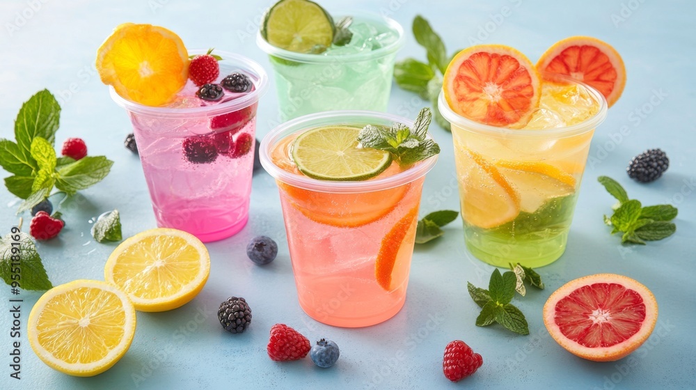 A set of colorful plastic cups filled with refreshing fruit-infused water, adorned with slices of citrus fruits and fresh berries, perfect for hydration A set of colorful plastic cups filled with refreshing fruit-infused water, adorned with slices of citrus fruits and fresh berries, perfect for hydration