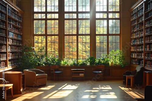 Quiet library with morning sunlight through windows, Monday morning, peaceful and studious