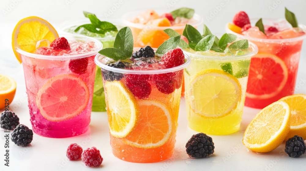 A set of colorful plastic cups filled with refreshing fruit-infused water, adorned with slices of citrus fruits and fresh berries, perfect for hydration A set of colorful plastic cups filled with refreshing fruit-infused water, adorned with slices of citrus fruits and fresh berries, perfect for hydration