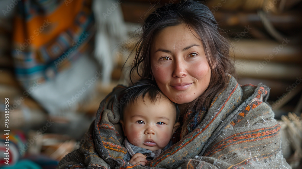 Mongolian mother dressed clean modern cashmere, holding 1 months old baby boy wearin clean modern cloth, in sitting mongolian modern yurt Mongolian mother dressed clean modern cashmere, holding 1 months old baby boy wearin clean modern cloth, in sitting mongolian modern yurt