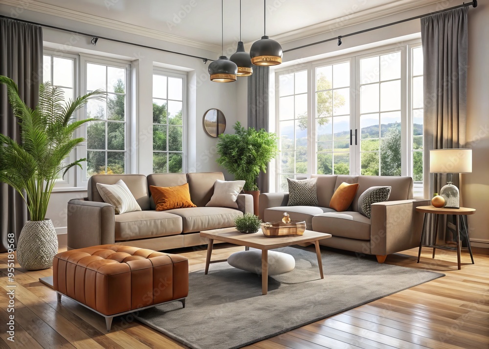A plush sofa, complemented by a matching armchair and plush ottoman, creates a cozy haven in the modern A plush sofa, complemented by a matching armchair and plush ottoman, creates a cozy haven in the modern