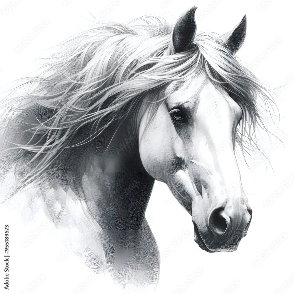 Obraz premium 흰 배경, 말, 펜슬 드로잉 (White background, horse, pencil drawing)