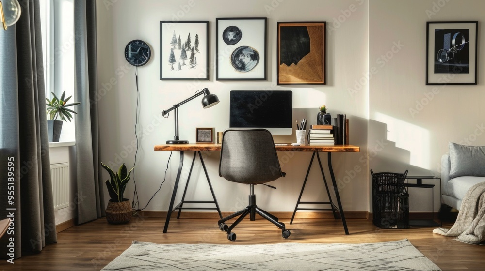 Elegant Home Office Setup With Natural Light and Modern Decor in Cozy Living Space Elegant Home Office Setup With Natural Light and Modern Decor in Cozy Living Space