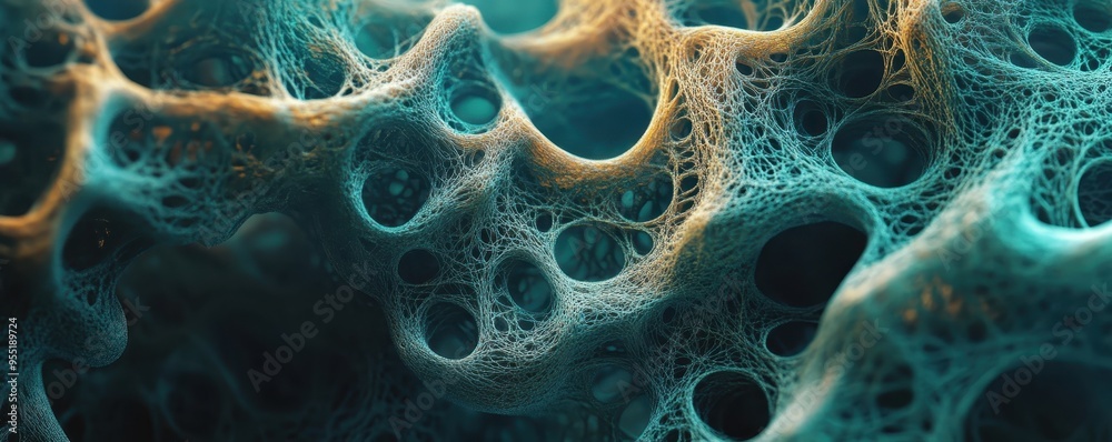 Abstract macro shot of foam structure resembling porous material, showcasing intricate textures and patterns in blue-green hues. Abstract macro shot of foam structure resembling porous material, showcasing intricate textures and patterns in blue-green hues.