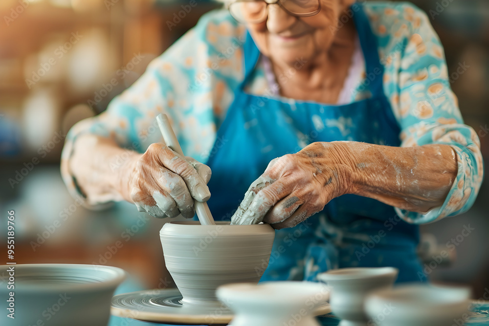Elderly Artisan Shaping Clay on Pottery Wheel in Creative Studio Workshop Elderly Artisan Shaping Clay on Pottery Wheel in Creative Studio Workshop