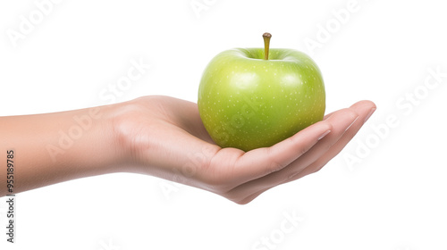 Hand holding green apple isolated on transparent background