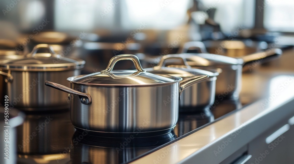 A set of stainless steel cooking pots and frying pans neatly arranged on a modern kitchen counter, highlighting their sleek design and functionality. A set of stainless steel cooking pots and frying pans neatly arranged on a modern kitchen counter, highlighting their sleek design and functionality.