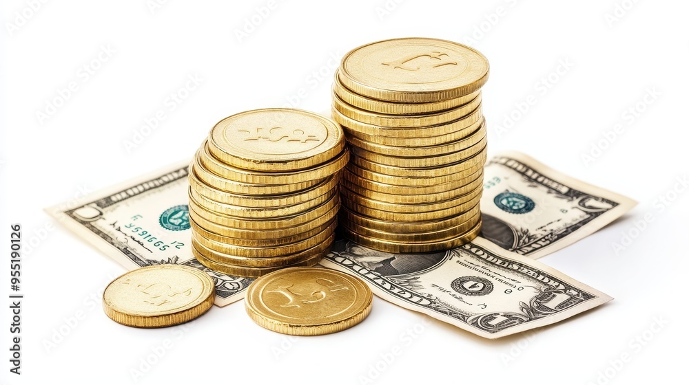 Gold coins are neatly stacked beside green dollar bills, representing financial prosperity and wealth in a clean arrangement Gold coins are neatly stacked beside green dollar bills, representing financial prosperity and wealth in a clean arrangement
