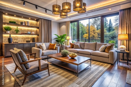 A relaxed living space features a comfortable sectional sofa, textured rugs, and a statement light fixture, radiating a