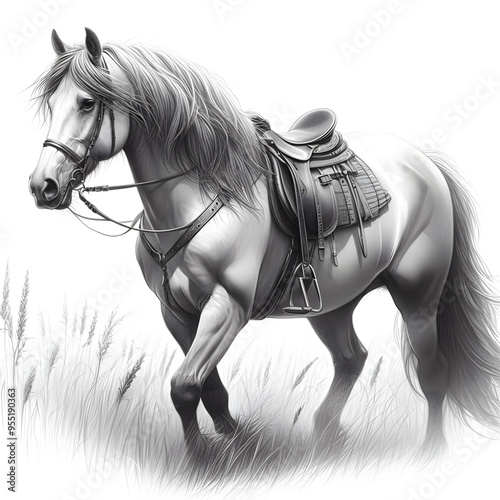 흰 배경, 말, 펜슬 드로잉 (White background, horse, pencil drawing)