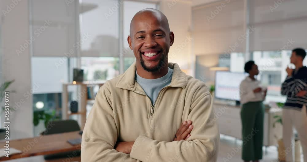 Happy, crossed arms and face of business black man with company pride, confident or smile. Creative agency, consultant and ambition portrait of person for career, job opportunity or working in office Happy, crossed arms and face of business black man with company pride, confident or smile. Creative agency, consultant and ambition portrait of person for career, job opportunity or working in office