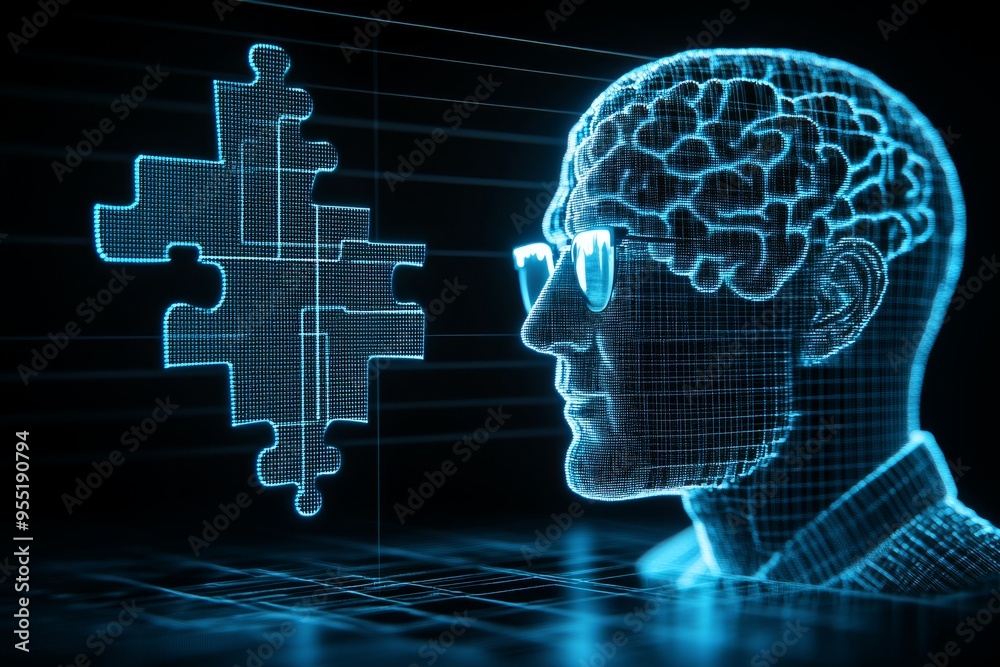 Cooperative network Head Digital profile of a human brain with a puzzle piece overlay representing artificial intelligence problem solving and cognitive enhancement technologies Cooperative network Head Digital profile of a human brain with a puzzle piece overlay representing artificial intelligence problem solving and cognitive enhancement technologies