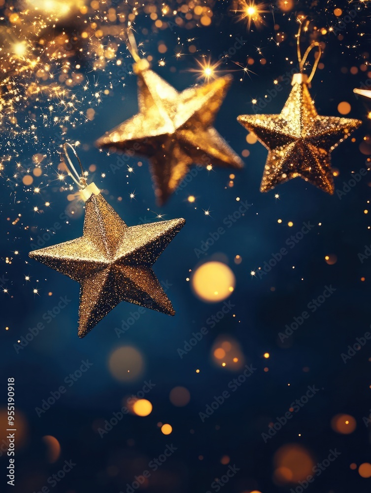 Golden stars and sparks abstract banner on dark blue background for christmas and new year 2025 Golden stars and sparks abstract banner on dark blue background for christmas and new year 2025