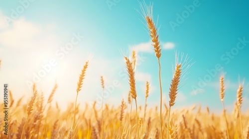 Golden Wheat Field with Blue Sky and Sun