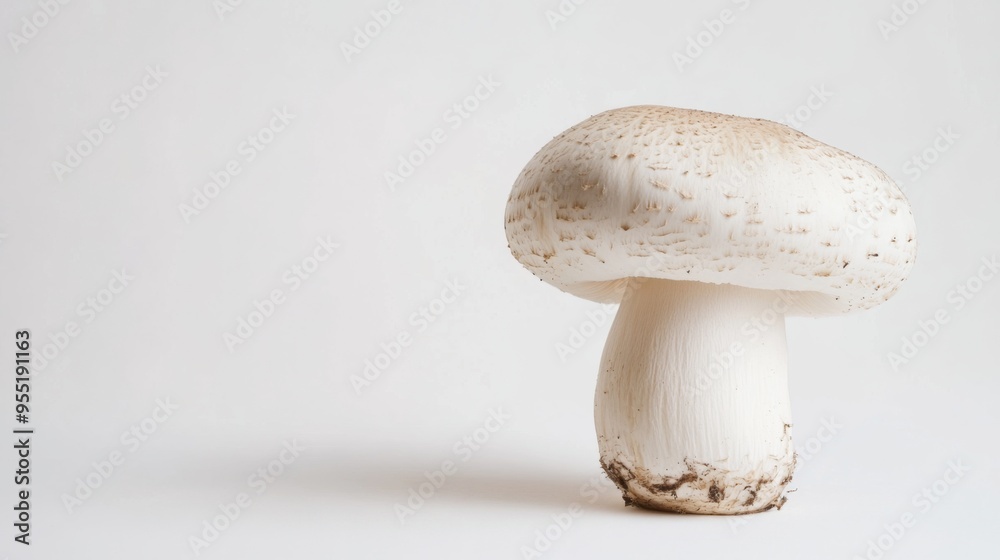 A single, exotic mushroom variety placed on a white background, showcasing its unique shape and colors in a clean, minimalistic setting.