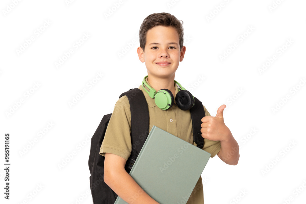 Boy wearing headphones and backpack holding a book over transparent background happy doing okay sign, thumb up with finger, excellent sign. Boy wearing headphones and backpack holding a book over transparent background happy doing okay sign, thumb up with finger, excellent sign.