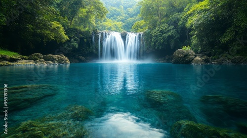 Tranquil Waterfall Flowing into Crystal Clear Pool
