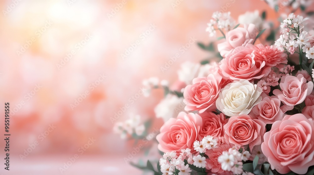 Beautiful Pink and White Roses Bouquet on Blurred Background Beautiful Pink and White Roses Bouquet on Blurred Background