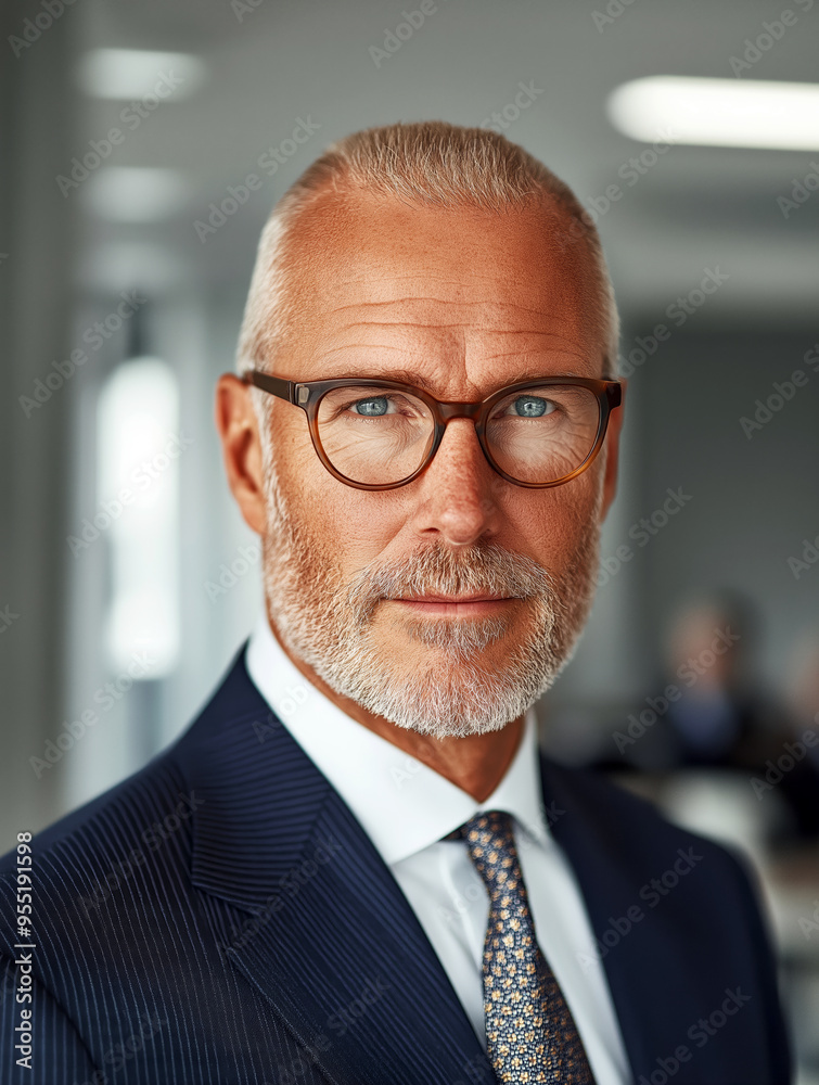 Fototapeta premium An older man with a well-groomed beard and glasses,wearing a formal suit and tie,stands in a professional office setting.Background is softly blurred,which emphasizes the businessman's confidence.AI 