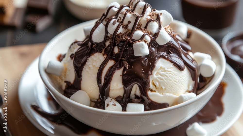 A dessert with chocolate and marshmallows on top of a bowl of ice cream. The dessert is served on a white plate and is topped with chocolate sauce, copy space A dessert with chocolate and marshmallows on top of a bowl of ice cream. The dessert is served on a white plate and is topped with chocolate sauce, copy space