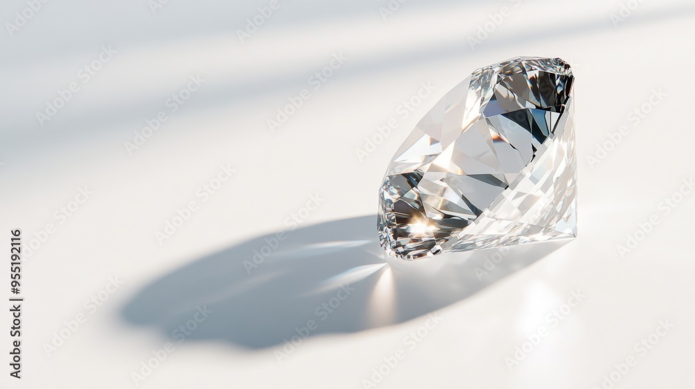A single, sparkling diamond centered on a pristine white background, highlighting its clarity and brilliance. Perfect for jewelry advertising or luxury themes. A single, sparkling diamond centered on a pristine white background, highlighting its clarity and brilliance. Perfect for jewelry advertising or luxury themes.