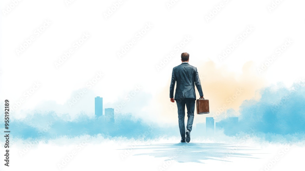 Businessman walking towards the city skyline in a watercolor background Businessman walking towards the city skyline in a watercolor background