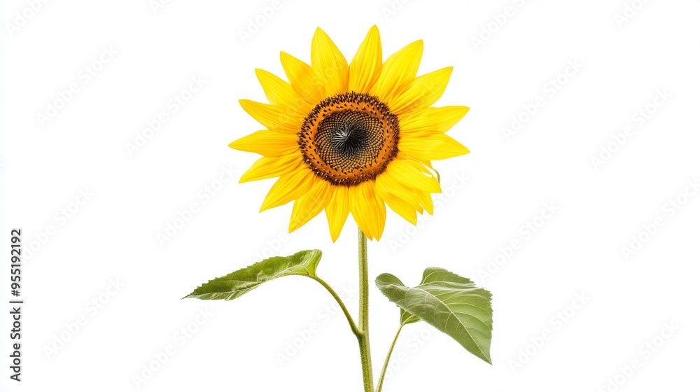 Fototapeta premium A single sunflower with its bright yellow petals and seeds visible, standing tall against a white backdrop, representing warmth and cheerfulness.