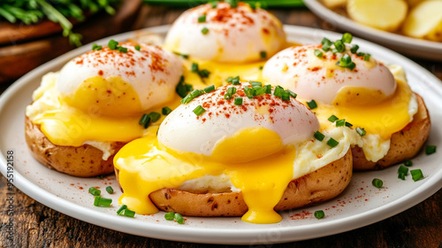 Eggs Benedict with extra sauce and sliced toppings, elegantly served on a white plate, perfect for brunch and conveying indulgence and gourmet breakfast