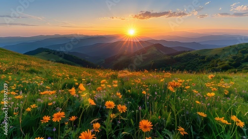 Majestic Sunset over Mountain Ranges. Natural beauty concept