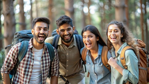 Excited Indian Backpackers in Woods – Excited Indian backpackers in a wooded area.
