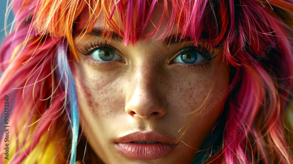 A young woman with bright pink, orange, and blue hair stares intently into the camera, hipster with colored hair A young woman with bright pink, orange, and blue hair stares intently into the camera, hipster with colored hair