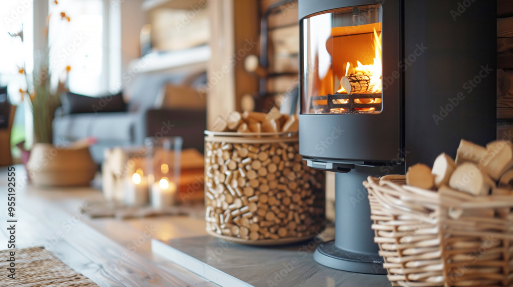 Fototapeta premium Fireplace with wood in a modern country house