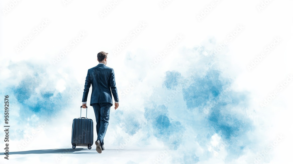 Businessman Walking Away with Suitcase in Front of Abstract Clouds Businessman Walking Away with Suitcase in Front of Abstract Clouds