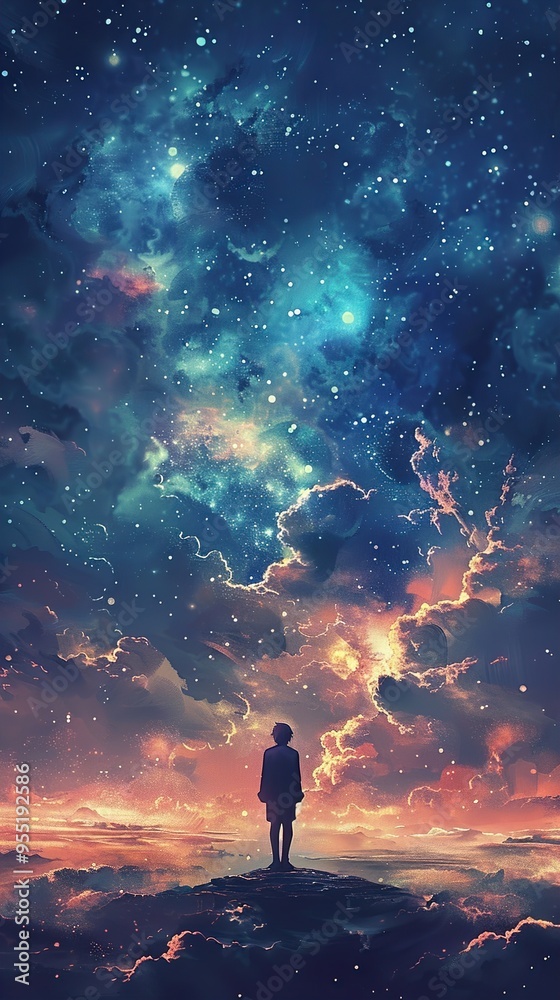 A lone figure stands on a hilltop, gazing up at a stunning night sky filled with stars and clouds. A lone figure stands on a hilltop, gazing up at a stunning night sky filled with stars and clouds.