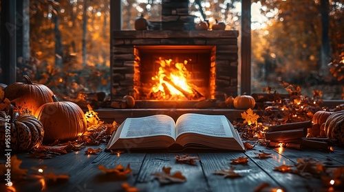 A peaceful autumn evening scene with an open book placed on a hearth, a brightly burning fireplace in the background, surrounded by autumn-themed decorations like gourds and cinnamon sticks, photo