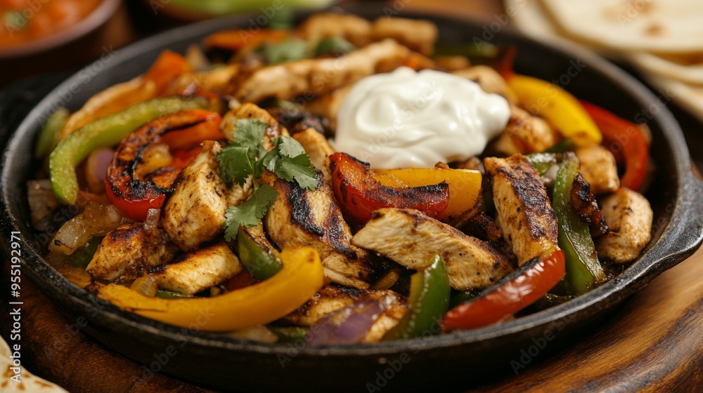 A skillet of sizzling fajitas with grilled chicken, bell peppers, and onions, served with warm tortillas, salsa, guacamole, and sour cream. A skillet of sizzling fajitas with grilled chicken, bell peppers, and onions, served with warm tortillas, salsa, guacamole, and sour cream.