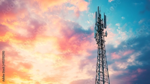 Telecommunications Tower Against Sunset Sky with Antenna. AI generated illustration