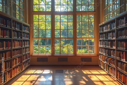 Quiet library with morning sunlight through windows, Monday morning, peaceful and studious