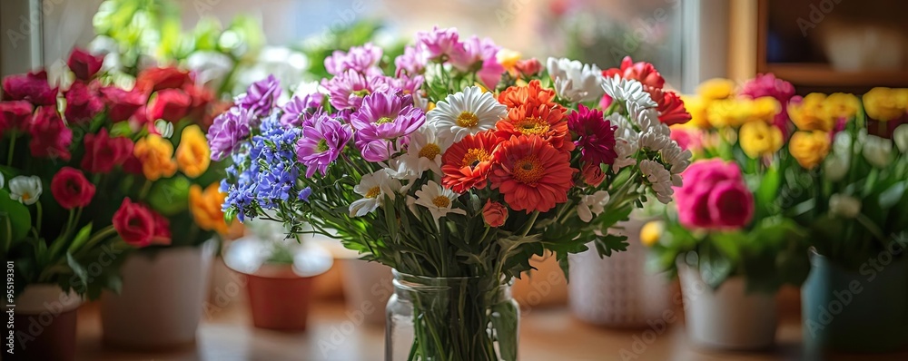 Fresh flowers being arranged in a vase, Monday morning, uplifting and cheerful Fresh flowers being arranged in a vase, Monday morning, uplifting and cheerful
