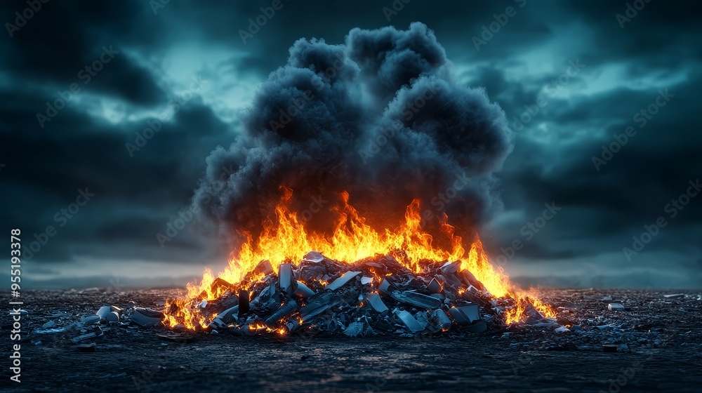 Burning Pile of Trash with Dark Smoke and Clouds Burning Pile of Trash with Dark Smoke and Clouds
