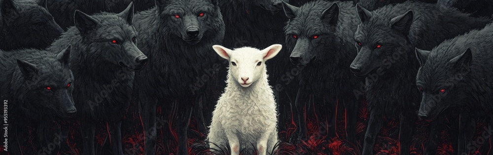 Fototapeta premium Vulnerable Lamb Amidst Menacing Wolves